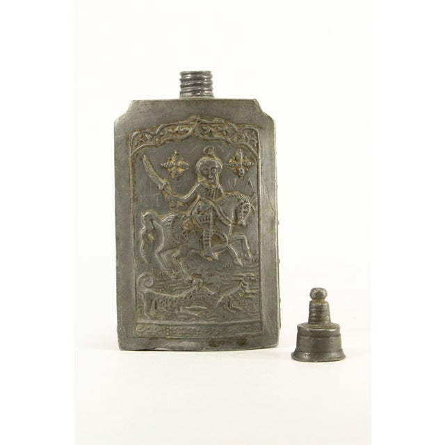 Metal 18th C. Ottoman Empire Armenian Pilgrim Pewter Flask With Horsman Hunter, Dog & Deer For Sale - Image 7 of 18