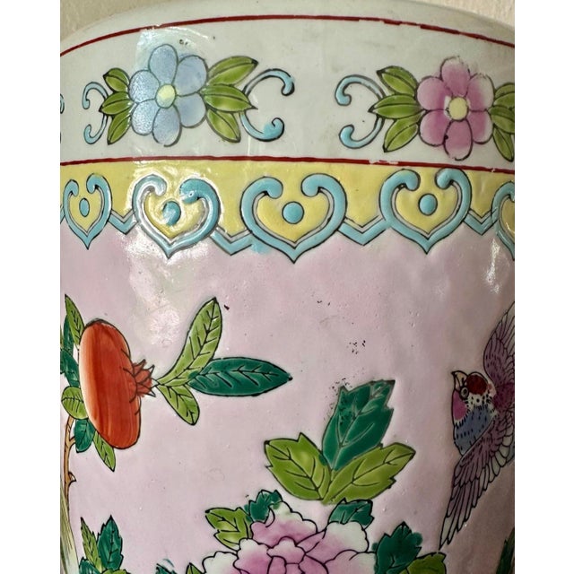 Mid-Century Pink Chinoiserie Hand Painted Floral and Bird Motif Umbrella Stand For Sale - Image 9 of 12