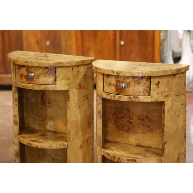 Art Deco Pair of Mid-Century French Art Deco Burl Elm Bedside Tables Nightstands For Sale - Image 3 of 10
