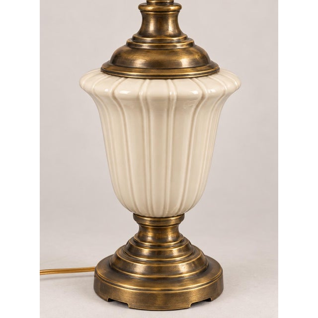 Metal Vintage Neoclassical Cream Ceramic Urn Lamps With Pleated Ivory Shades - a Pair For Sale - Image 7 of 12