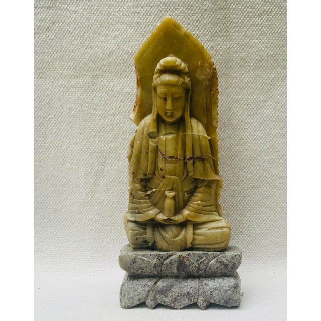 Green Antique Chinese Hand-Carved Green Stone Buddha Sculpture With Base For Sale - Image 8 of 9