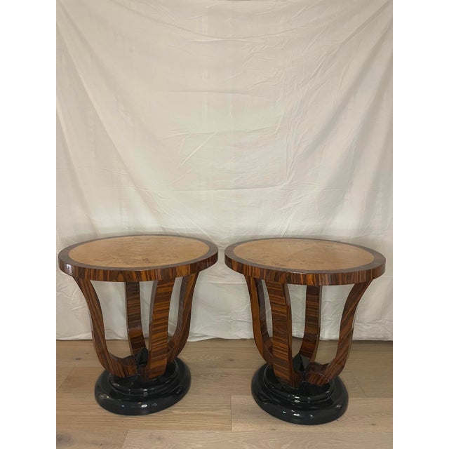Art Deco Pair of Italian Art Deco Style Macassar Wood & Burl Round Side Tables For Sale - Image 3 of 7