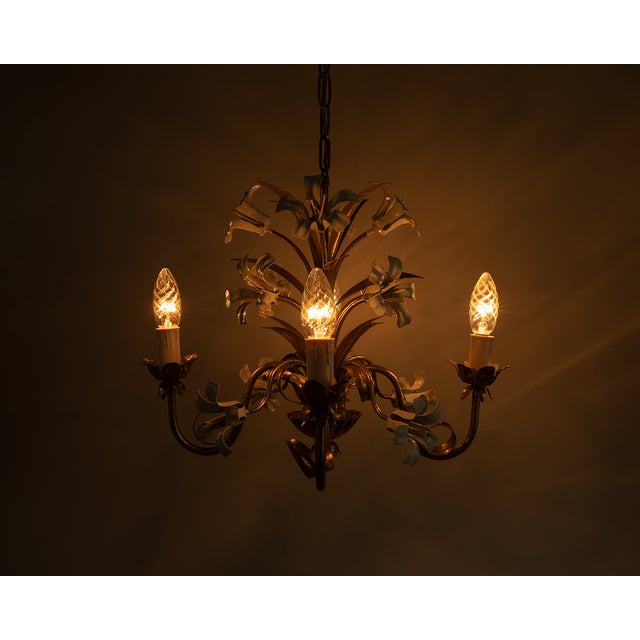 1950s Gilt Chandeliers with White Enamel Lily Flowers, 1950s For Sale - Image 5 of 8