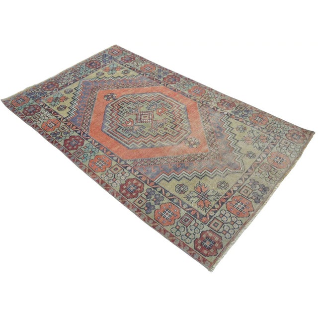 Faded Muted Colors Impressive Medallion Vintage Ushak Rug Low Pile Distressed Area Rug - 3'5'' X 5'8'' For Sale - Image 4 of 10