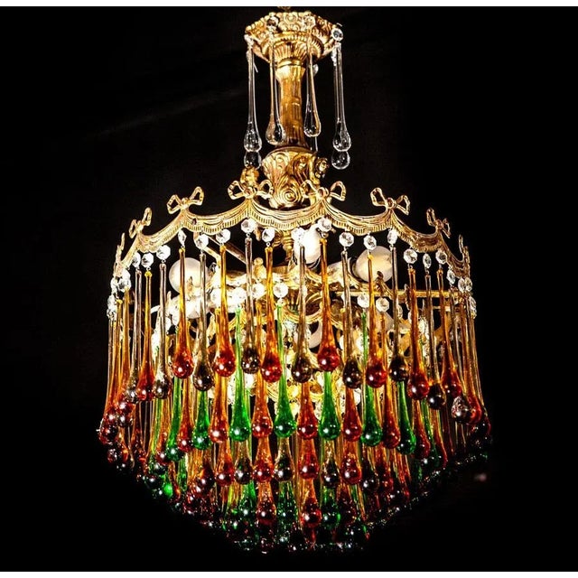 Italian Brass and Multicolored Teardrop Chandelier, 1930s For Sale - Image 11 of 18