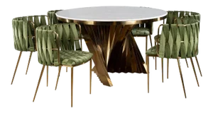 Waterfall Dining Set With Marble Top & Green & Gold Chairs - Set of 7