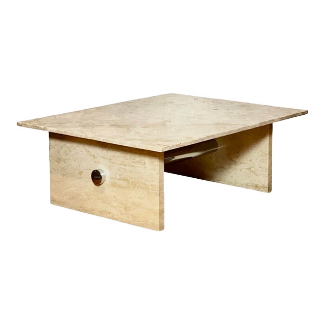 Solid Marble and Chrome Rectangular Coffee Table in Cream For Sale