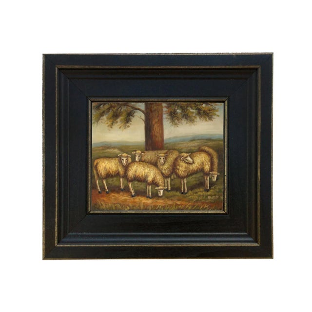 Flock of Six Sheep in a Meadow Framed Oil Painting Reproduction Print on Canvas For Sale - Image 4 of 4
