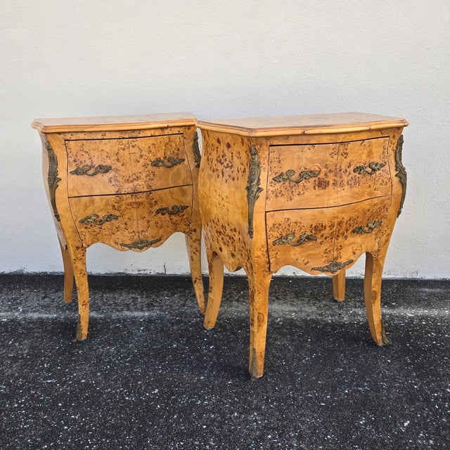 Rococo Vintage Birdseye Maple Veneer Bombe Two Drawer Chest of Drawers, Pair For Sale - Image 3 of 18