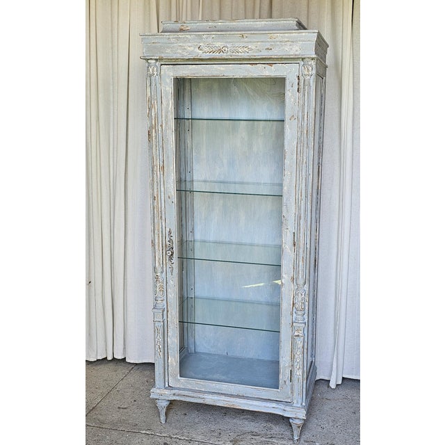 1930s Vitrine Cabinet, French Bluish Display Cabinet/ Case, Cracked / Peeling Finish For Sale In Los Angeles - Image 6 of 18