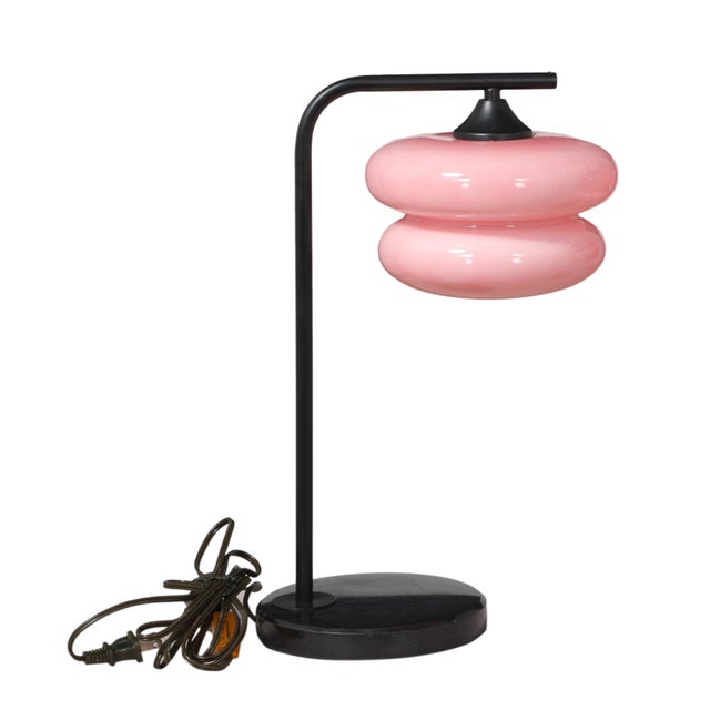 1980s Pair of Black Onyx and Iron Base Table Lamps With Pink Glass Shades For Sale - Image 5 of 5