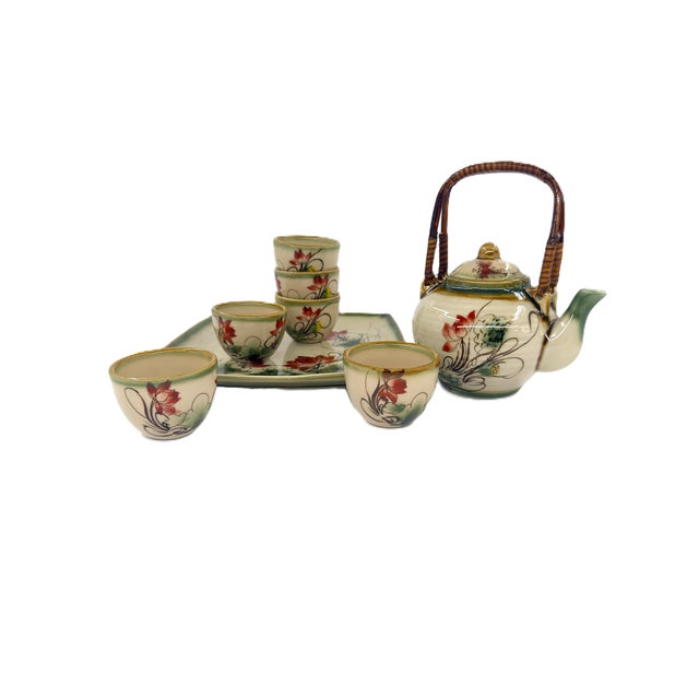 Asian Modern Bat Trang Vietnamese Ceramic Teapot, 6 Teacups & Dessert Tray With Striking Hand Painted Lotus Motif - Set of 8 For Sale - Image 17 of 17