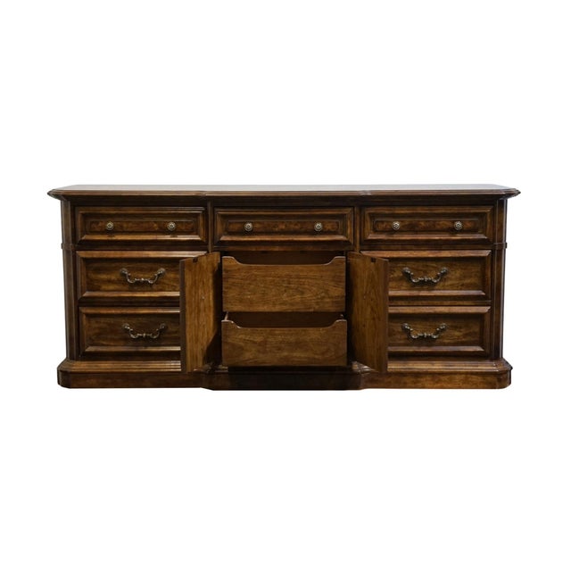 Late 20th Century Stanley Furniture Solid Walnut Italian Provincial 74" Triple Door Dresser For Sale - Image 5 of 15