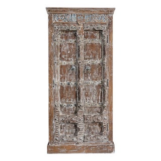 Antique Rustic Hand-Carved Armoire in Distressed Whitewash Finish 78x37 For Sale