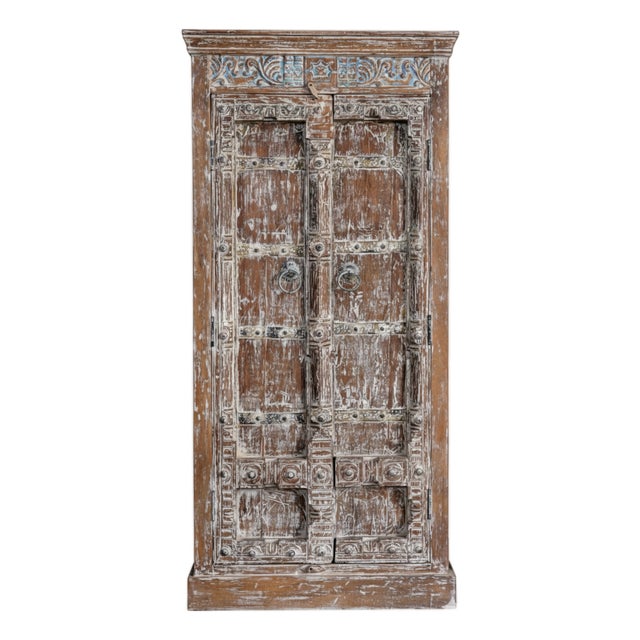 Antique Rustic Hand-Carved Armoire in Distressed Whitewash Finish 78x37 For Sale