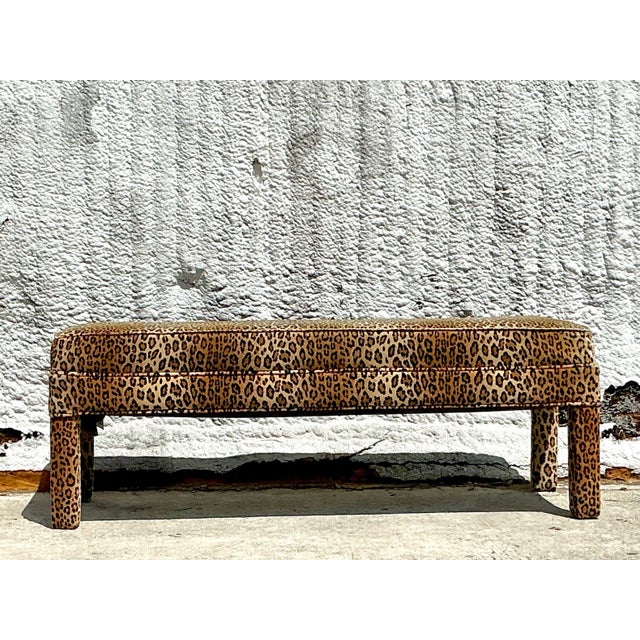 Camel Vintage Boho Leopard Velvet Parsons Bench For Sale - Image 8 of 10