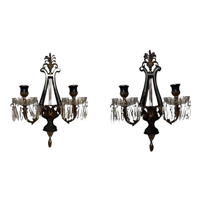 Pair, Regency Style Mirrored Crystal, Gilt & Painted Tole Two-Light Sconces For Sale