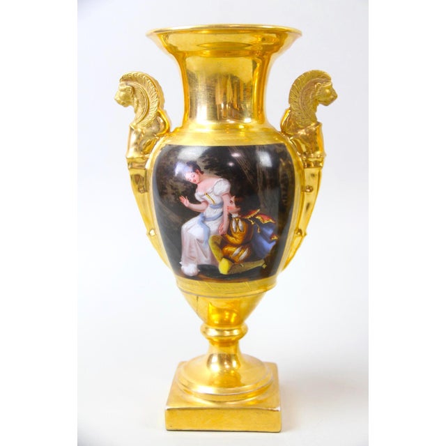 Ceramic Pair of Old Paris Gilt Porcelain Decorative Vases With Romantic Scenes For Sale - Image 7 of 14
