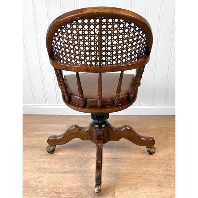 Vintage Traditional Mahogany & Cane Bankers Swivel Desk Chair For Sale - Image 6 of 17