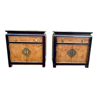 1970s Century Furniture Chin Hua Burlwood Chinoiserie Hollywod Glas Nightstands - a Pair For Sale
