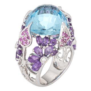 Blue Topaz Amethyst Cocktail Ring Sz 7 18k White Gold Flowers Vines Fine Jewelry For Sale
