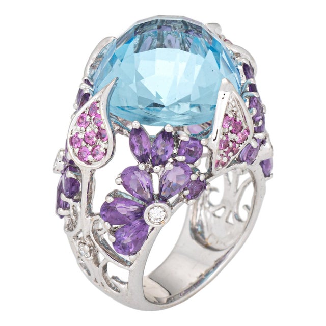 Blue Topaz Amethyst Cocktail Ring Sz 7 18k White Gold Flowers Vines Fine Jewelry For Sale