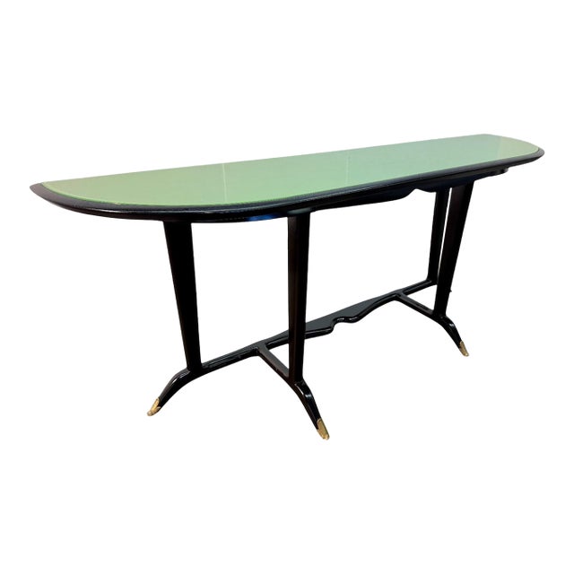 Italian Mid-Century Black Lacquered Wood and Green Glass Console, 1950s For Sale