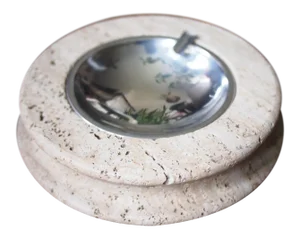 Vintage Round Travertine Ashtray With Metal Insert