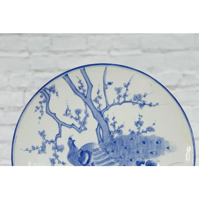 Japanese Blue and White Hand-Painted Porcelain Charger Plate with Peacock Bird For Sale - Image 9 of 13