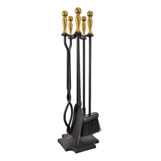 Vintage Cast Iron and Brass Fireplace Tools, 1960s, Set of 6 For Sale