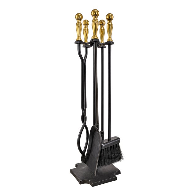 Vintage Cast Iron and Brass Fireplace Tools, 1960s, Set of 6 For Sale