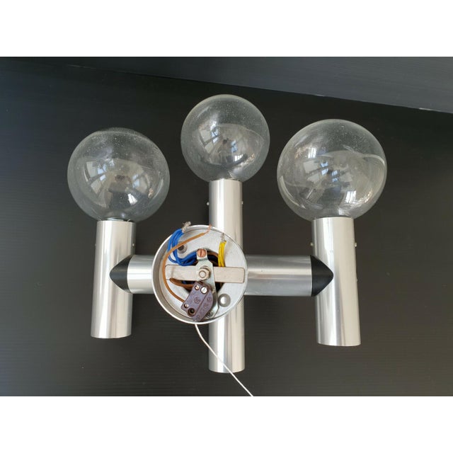 1970s Vintage Space Age Wall Lights in Brushed Steel and Glass, 1970s, Set of 2 For Sale - Image 5 of 9