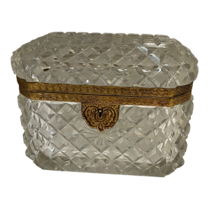 1960s French Cut Crystal Glass Hinged Jewelry or Trinket Box With Bronze Escutcheons