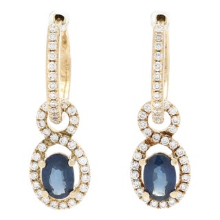1.6ctw Diamond & Sapphire Dangle Hoop Earrings, 14k Yellow Gold, Length 7/8 In., Pair For Sale