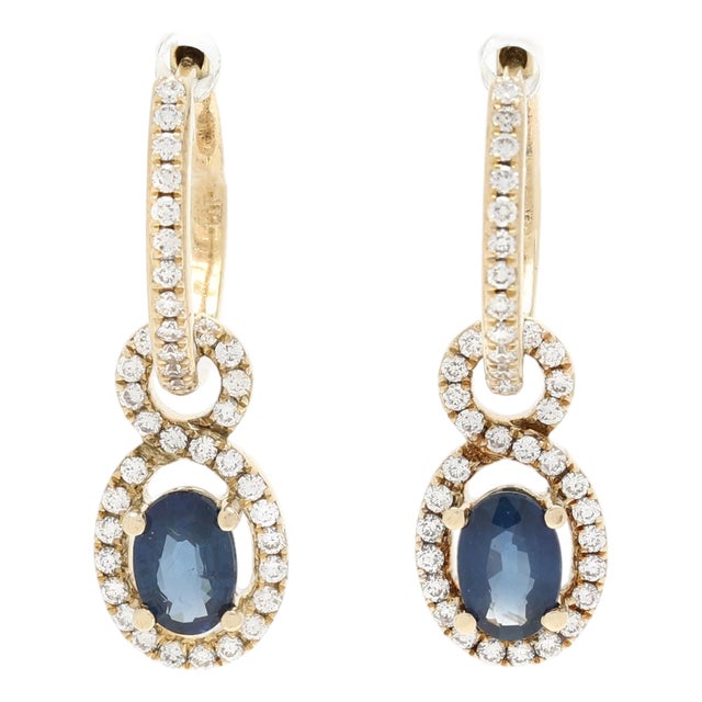1.6ctw Diamond & Sapphire Dangle Hoop Earrings, 14k Yellow Gold, Length 7/8 In., Pair For Sale