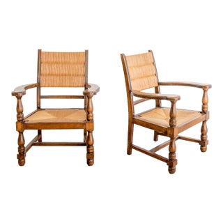 1940s Turned Chestnut Frame + Rush Armchairs- Set of 2 For Sale