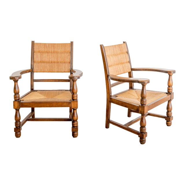 1940s Turned Chestnut Frame + Rush Armchairs- Set of 2 For Sale