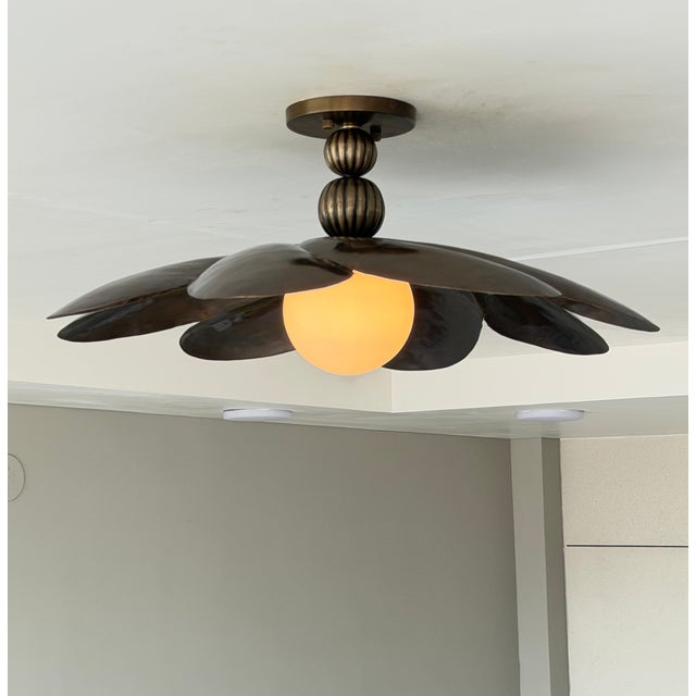 Black Antique Brass Semi Flush Mount Light Fixture, Handmade Flower Ceiling Light For Sale - Image 4 of 18