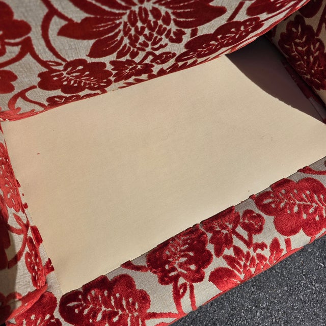 Pair of Late 20th Century Custom Upholstered Wingback Armchairs in Red and Ivory Floral Cut Velvet For Sale - Image 11 of 14