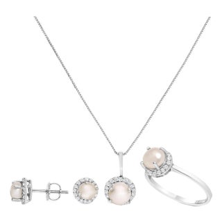 10K White Gold Pearl 2 3/4 Cttw with Diamond 3/8 Cttw Halo Jewelry Set (Earrings, Pendant & Ring) For Sale
