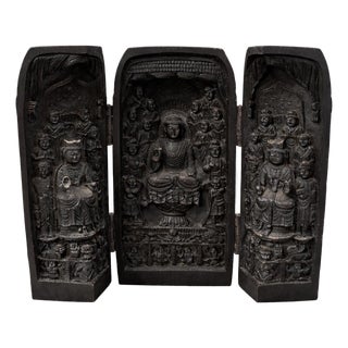 Vintage Hand-Carved Wooden Buddhist Triptych Shrine For Sale