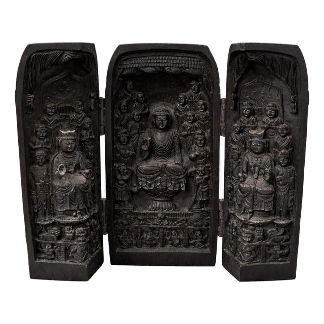 Vintage Hand-Carved Wooden Buddhist Triptych Shrine For Sale