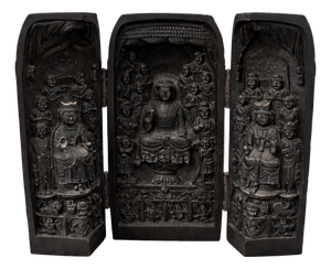 Vintage Hand-Carved Wooden Buddhist Triptych Shrine