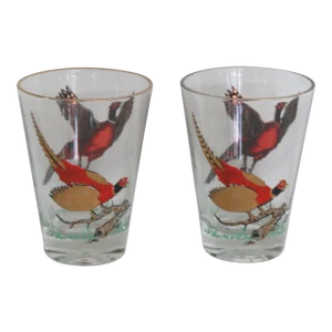 Hazel Atlas Golden Pheasant Glass Barware Glasses Cups Set of Two