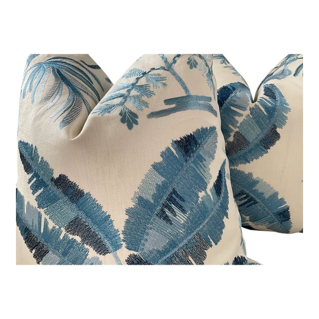 Mid-Century Modern Brunschwig and Fils “Martil Emb” in Blue Embroidered Pillow - A 22" Pair For Sale - Image 3 of 4