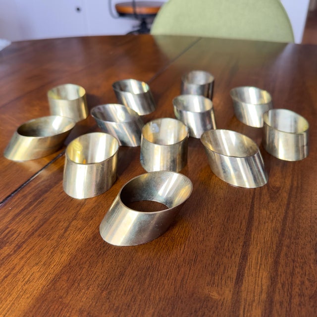 Mid-Century Modern Circa 1970s Vintage Modernist Brass Angled Slanted Design Napkin Rings- Set of 12 For Sale - Image 3 of 12