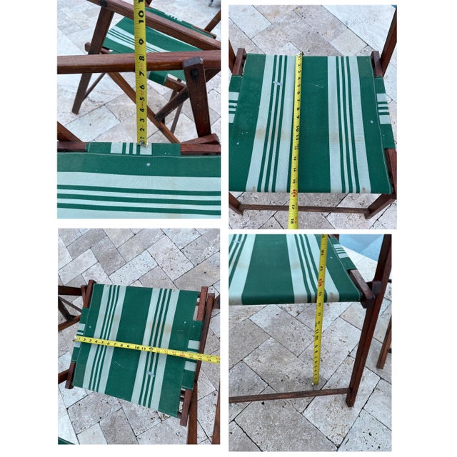 Mid 20th Century Folding Patio Chairs Pair – Stained Wood With Green & White Canvas, A Pair For Sale - Image 11 of 12