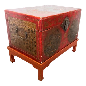 Vintage Hand Painted Chinese Red Trunk on Stand