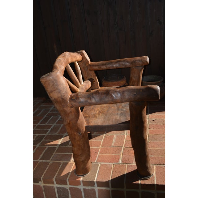 Folk Art Handcrafted Unique Rustic Log Solid Wood Bench Seat / Wide Chair For Sale - Image 12 of 18