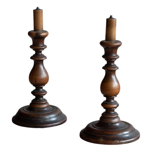 Antique Fruitwood Candlesticks, 1800, Set of 2 For Sale